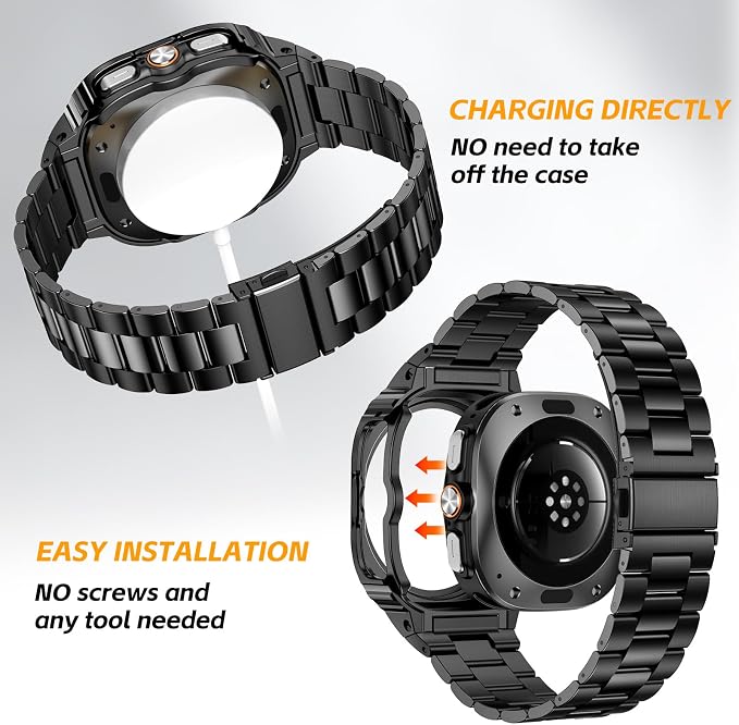SUPLINK Stainless Steel Bands Compatible with Samsung Galaxy Watch Ultra Band for Men (2025/2024), Adjustable Metal Band Protective Bumper for Galaxy Watch Ultra Case Accessories 47mm,Black