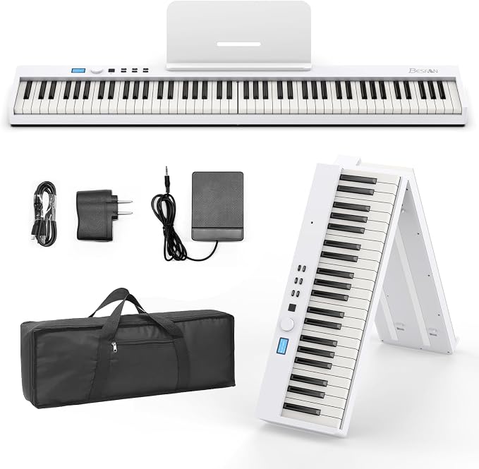 88 Key Keyboard Piano BSP-10F Portable Folding Piano with Semi-Weighted Keyboard, 128 Tones, USB MIDI, Sustain Pedal, Music Stand for Beginners Gifts, White