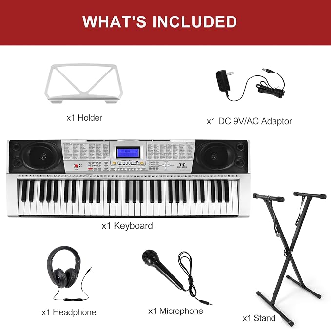 MUSTAR 61 Key Piano Keyboard, MEKS-400 Electric Piano Keyboard with Lighted Up Keys, Learning Keyboards Piano for Beginners, Piano Stand, LCD Screen, Headphones, Microphone