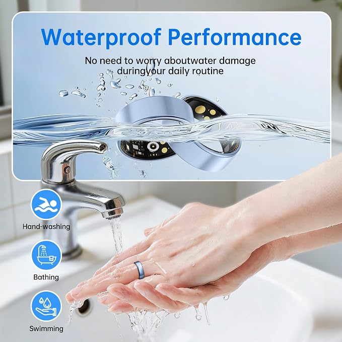 Smart Ring for Women & Men, Health Tracker Ring with Heart Rate, SpO2, Blood Pressure,Temperature, HRV & Stress , IP68 Waterproof Fitness Ring, Sleep Tracker for iPhone & Android, No App Fee(Blue, 6#)