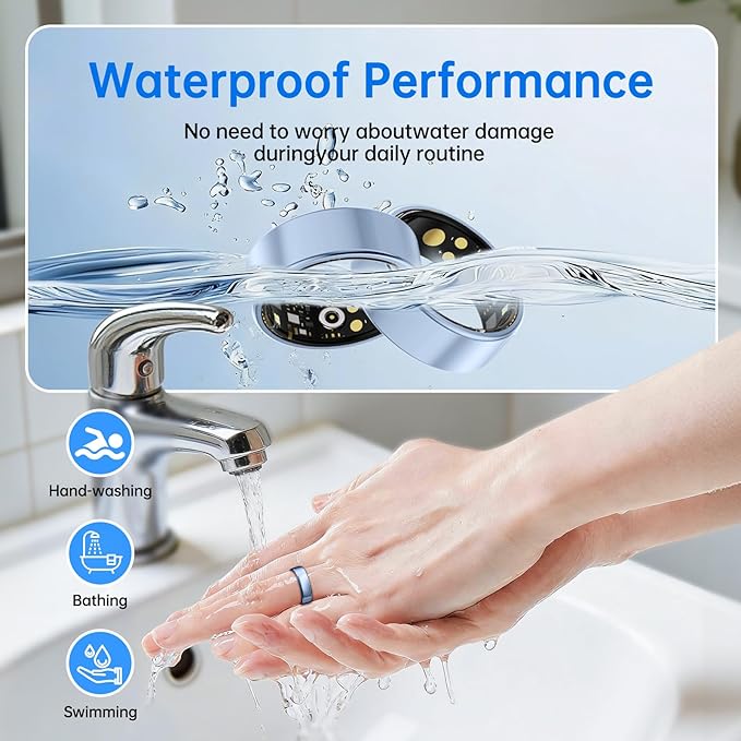 Smart Ring for Women & Men, Health Tracker Ring with Heart Rate, SpO2, Blood Pressure,Temperature, HRV & Stress, IP68 Waterproof Fitness Ring, Sleep Tracker for iPhone & Android, No App Fee(Blue, 10#)