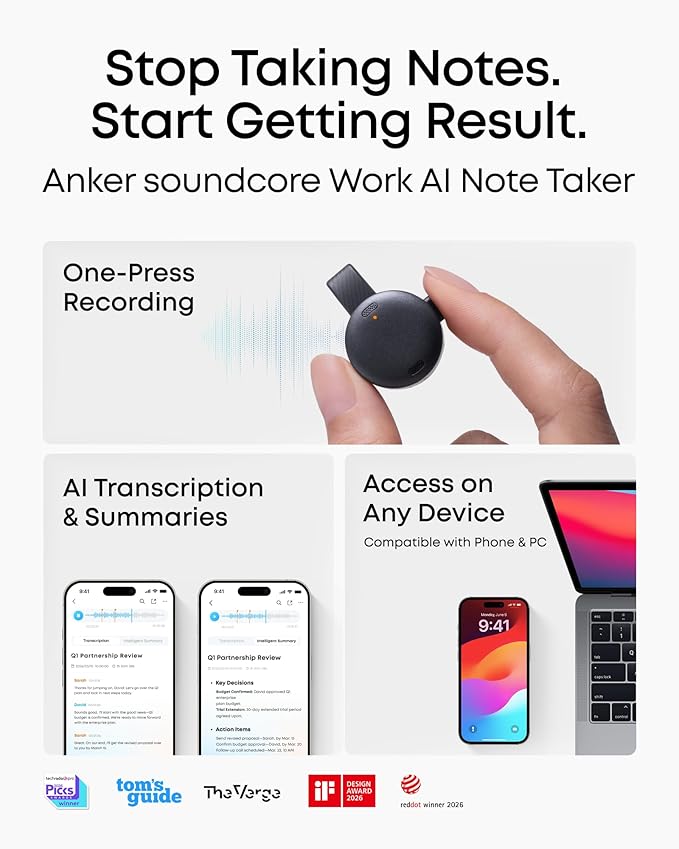 soundcore Work AI Voice Recorder by Anker, Wearable Note Taker for Meetings, Transcribe and Summarize, MFi Certified, 64GB, 150+ Languages, USB-C Charging