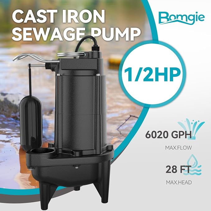 1/2 HP Sewage Pump, Cast Iron Effluent Pump, Automatic Float Switch, Sewage Sump Pump for Sump Basin, Basement, Residential Sewage, 2'' NPT Discharge, Dark