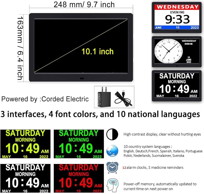 AINFTIME DST Clock with Day and Date for Elderly-3 Display Digital Calendar Alarm Day Dementia Alzheimers Clock with Extra Large Display (10.1in Black)