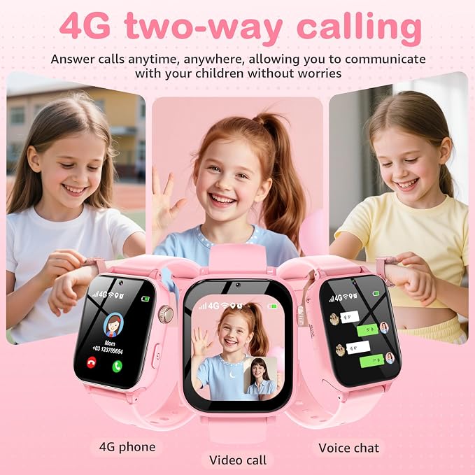 Kids Smart Watch for Boys Girls, 4G Smartwatch Phone for Children with GPS, Call, SOS, Video/Voice Chat, Parental App, Alarm, HD Touchscreen Watches for Kid Gifts Ages 4-12, Bright Pink