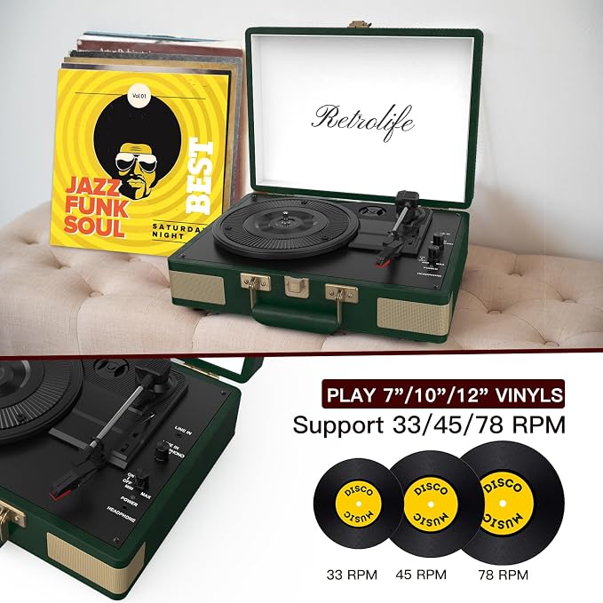 Record Player 3 Speed Bluetooth Portable Suitcase Vinyl Player with Built-in Speakers Turntable Enhanced Audio Sound PU Leather Vintage