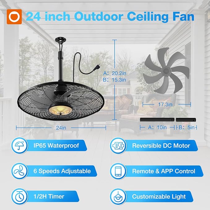 addlon Outdoor Ceiling Fan with Light for Patios, 24 inch Black Waterproof Gazebo Fan with Remote&APP Control, Reversible, Dimmable, Plug in Hook Mount Portable Fan for Garage Pergola Porch Canopy