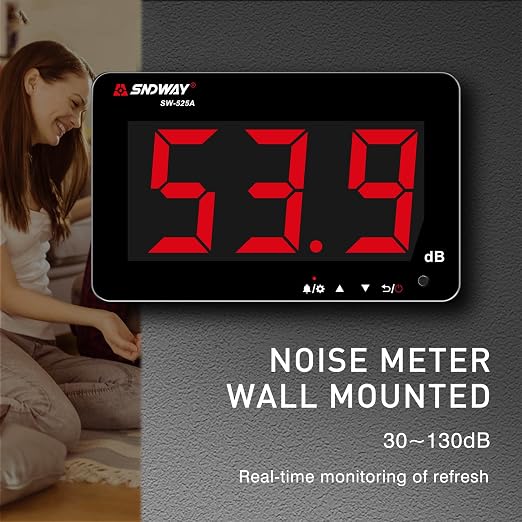 Decibel Meter 30dB-130dB, Wall Mounted Hanging Sound Level Meter for Classroom Noise, Large Screen SPL Meter with Alarm, USB Powered Noise Tester for Public Area/Restaurant