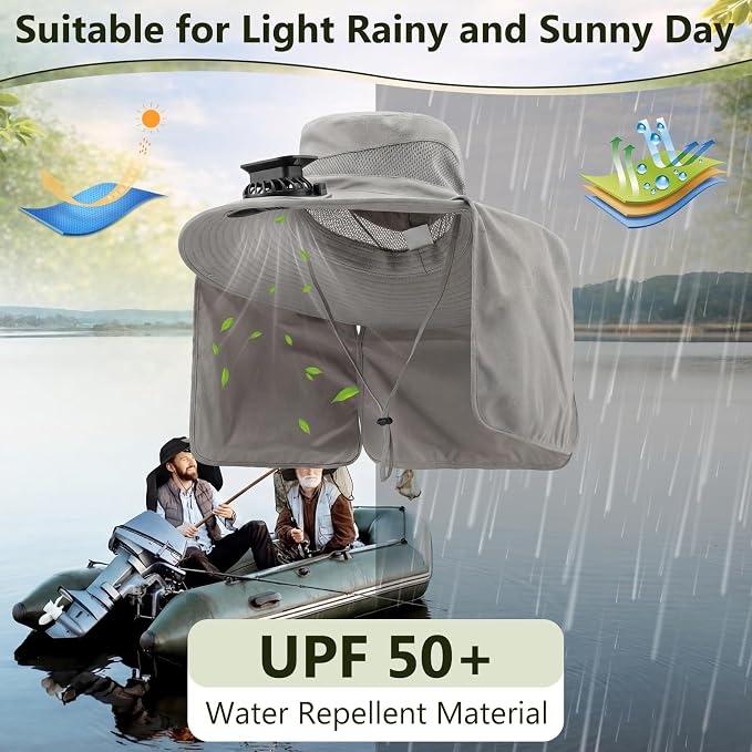 Maiteenly 2 Pcs Solar Fan Hat for Men with Neck Flap Bucket Fan Buit in Hats for Hiking Fishing Outdoor USB and Solar Powered