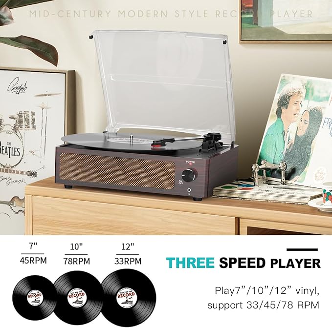 Vinyl Record Player with Speakers Vintage Turntable for Vinyl Records Belt-Driven Turn Table 3-Speed 3 Size Wireless Playback Headphone AUX-in RCA Line LP Vinyls Players Auto Stop Dark Red