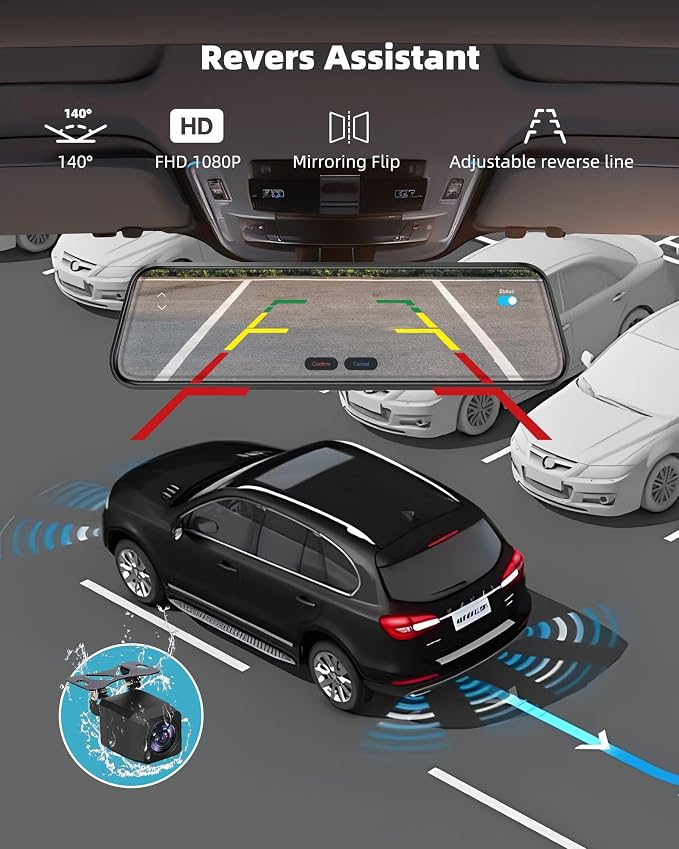 2.5K Mirror Dash Cam with Carplay&Android Auto,10" Rear View Mirror Camera for Cars/Trucks with Voice Control/ 64GB Card/Touch Screen/Parking Monitor/Reverse Assist/Dual Loop Record/WDR Tech