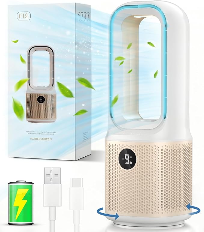 Small Bladeless Desk Fan Quiet, 14 Inch USB Rechargeable Table Fan with 5000mAh Battery, 60° Oscillating 9 Speeds Touch Control, 3 Light Modes, Mini Portable Fan for Office Bedroom Living Room