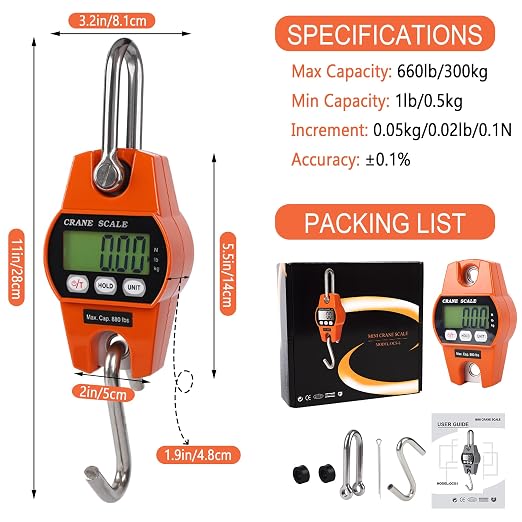 660lb/300kg Digital Crane Scale - Compact LCD Handheld Hanging Scale for Garage, Farm, Hunting, Fishing & More(300kg/Plastic/Orange)