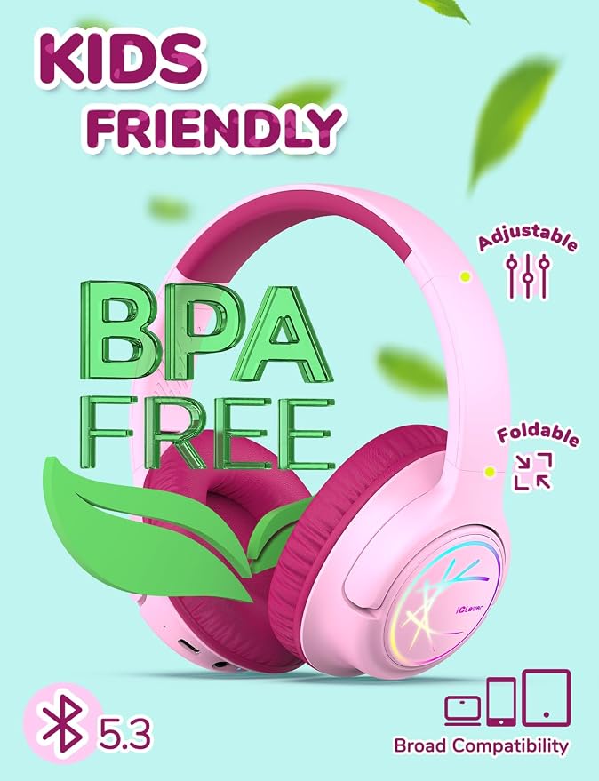 iClever Kids Bluetooth Headphones with LED Lights, BTH18 Safe Volume 74/85dBA, 43H Playtime, Bluetooth5.3 Kids Headphones Wireless Aux Cord for iPad/Tablet/Travel/School, Blossom Pink