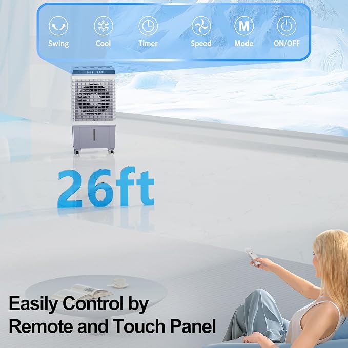 Uthfy 1800 CFM Swamp Cooler, 5.3 Gal Evaporative Air Conditioner, 3-IN-1 Portable Air Cooler with 6 Ice Packs, Remote, 12H Timer, 120° Oscillation, Cooling Fan with 3 Speeds for Bedroom Home Office