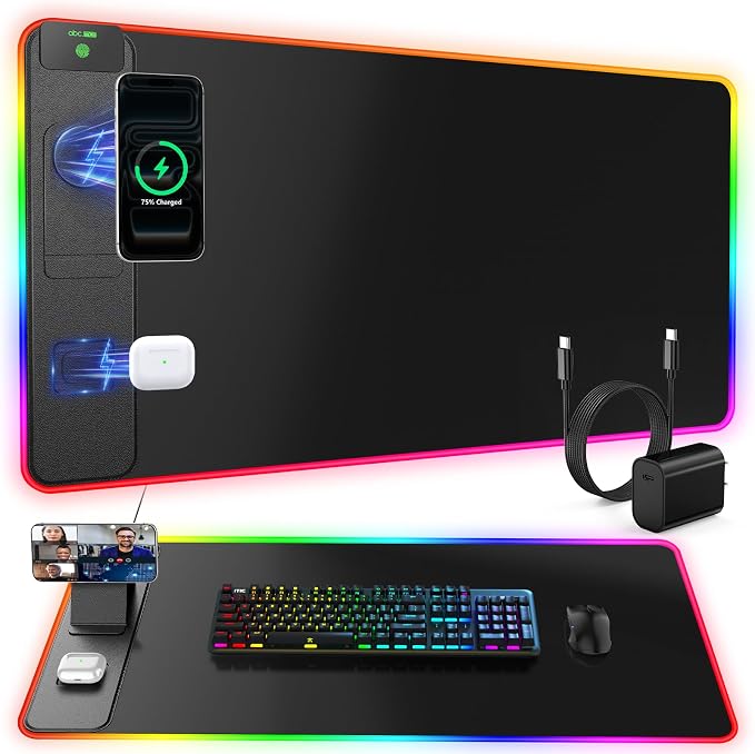 RGB Gaming Mouse Pad with Magnetic Wireless Charging & Phone Stand, 31.5"x15.8" Large, 25 Light Effects, Non-Slip Base, Waterproof Ultra-Smooth Surface, with Adapter