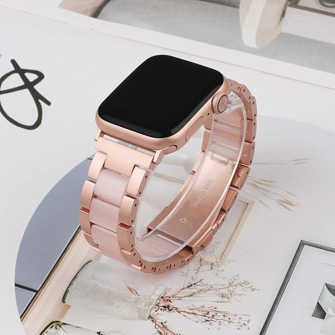 Wearlizer Compatible with Apple Watch Bands 38/40/41/42mm Women Wristband Stainless Steel & Pink Resin Stylish Metal Sleek Bracelet for iWatch Series 11 10 9 8 7 6 5 4 3 SE/Ultra 3 2 1