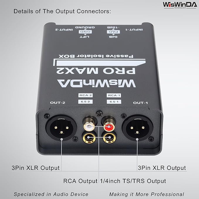 Pro Max2 2Channels XLR/RCA/TS/TRS Passive Hum Eliminator Box for Audio Equipments Ground Loop Isolator Noise Filter for Different Audio Systems Using (WDISO-Pro Max2)