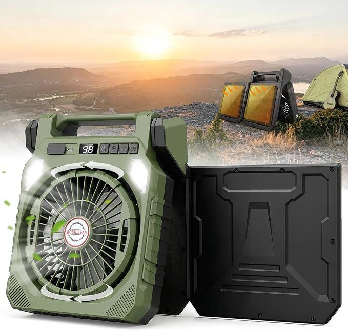 22000mAh Camping fan with Dual Solar Panel, 10" Rechargeable Solar Powered Fans with LED Light and Arc Flashlight for Outside, 180° Swivel Oscillating Battery Operated Tent Cooler for Picnic, Fishing