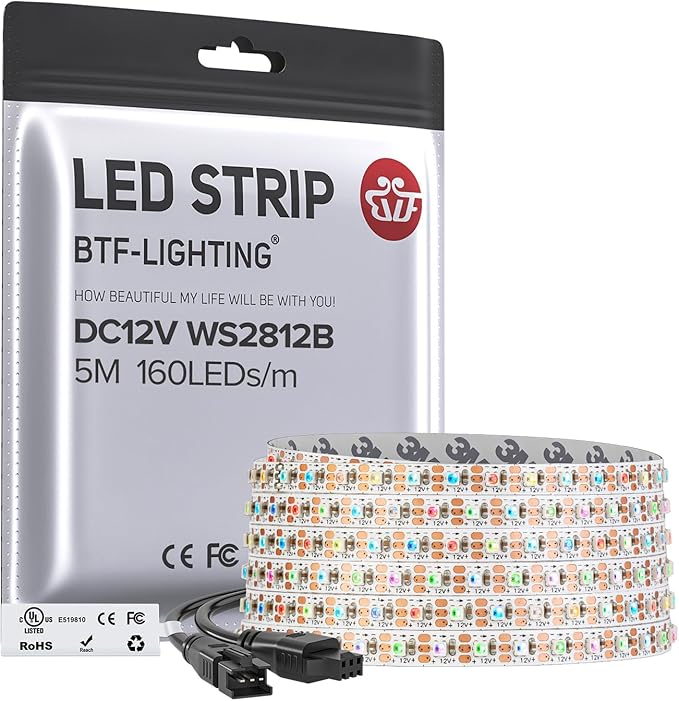 BTF-LIGHTING WS2812B IC RGB 5mm Ultra Narrow LED Strip 2020SMD DC12V Individually Addressable 16.4FT 160Pixels/m 800LED Dream Color Tape Light for Home DIY Decoration IP30 (No Adapter or Controller)