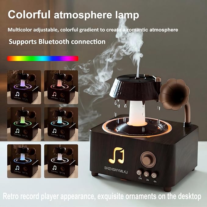 Vintage Record Player Diffuser with Bluetooth, 7-Color Lights & 7 White Noises, Ultrasonic Aroma Diffuser, 3H/6H Timer, Raindrop Rotation, Auto Shut-Off, Remote, for Home Office Decor