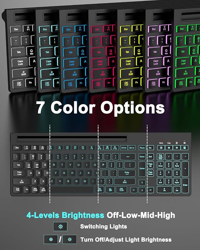 Wireless Keyboard and Mouse Combo, 7 Backlit Effects, Light Up Letters, Rechargeable, Phone Holder, 6 Button Mouse, Ergonomic Tilt Angle, 2.4GHz Silent USB Keyboard Mouse for Laptop, PC