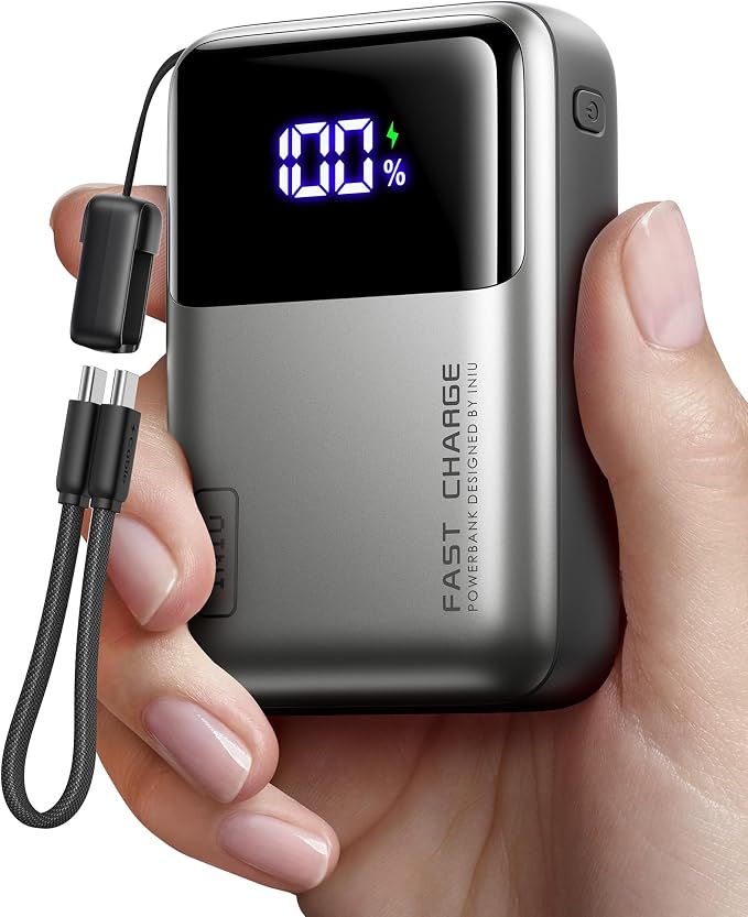 INIU 20000mAh Laptop Power Bank, Ultra Compact 65W PD Dual Fast Charging Portable Charger, Flight-Safe Battery Pack with USB C Cable for Steam Deck, Switch, Gaming, Students, Metallic Silver