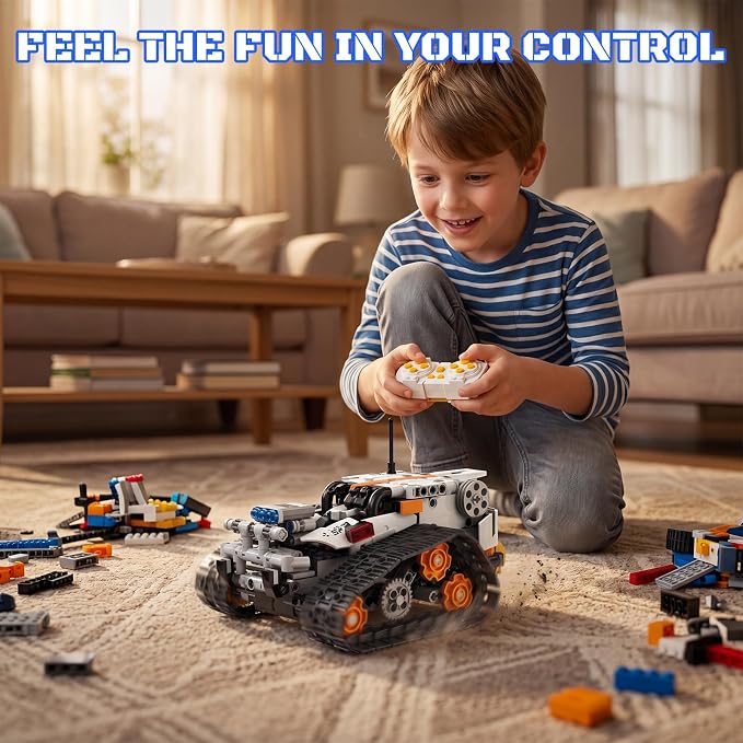 HPROMOT 5-in-1 STEM Coding Robot Building Kit, 688 Pcs APP & Remote Control Programmable Tracked Blocks, Screen Free Engineering Toy, Holiday Birthday Gift for Kids Boys Girls Ages 8–16
