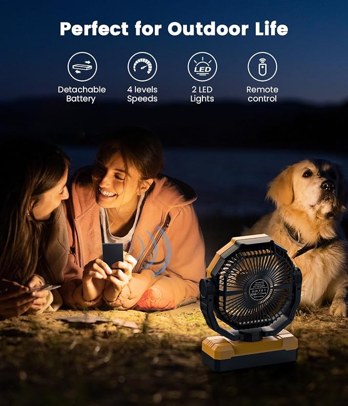 Rechargeable Fan with Detachable Battery - 48000mAh(127H Working) Camping Fan Portable, Battery Powered Fans with Hook, Timers, Ventilador Recargable for Tent, Travel, Gifts for Men Dad, Yellow