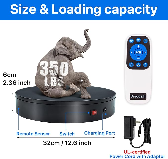 360 Rotating Platform, 12.6 Inch /32cm Motorized Electric Turntable, 350lbs Capacity Motorized Rotating Display Stand with Remote, Heavy Duty Photography Turntable for Human/Product