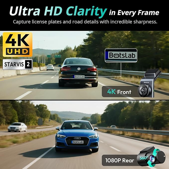 BOTSLAB 4K Dual Dash Cam Front and Rear [2026 Upgraded], STARVIS 2 Sensor, 64GB Card Included, Voice Control, 5GHz WiFi Dashcam Front and Rear Camera, Built in GPS, WDR Night Vision, 24H Parking Mode