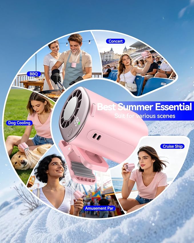 Clip-On Portable Fan with Ice Cooling, 20000 RPM Rechargeable Handheld Turbo Fan, 360° Rotating Detachable Clip, Mini Stroller Fan for Baby, Compact Travel Essentials, Summer Gifts for Women,Pink