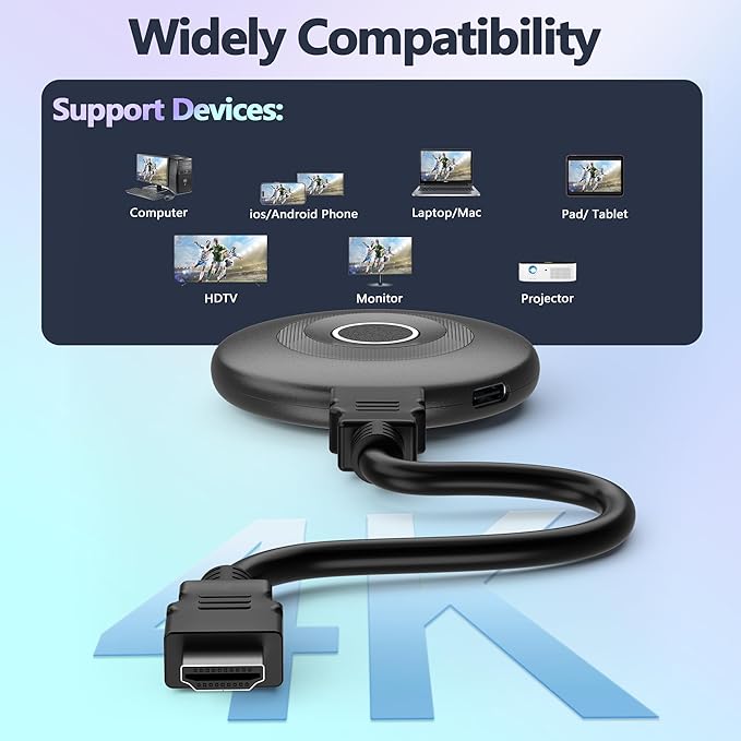 MpioLife True 4K Wireless Display Adapter, Plug & Play, HDMI Dongle 5G+2.4G Wireless Screen Mirroring Cast from Smartphone Tablet Laptop PC to HDTV/Monitor/Projector, Support AirPlay DLNA Miracast