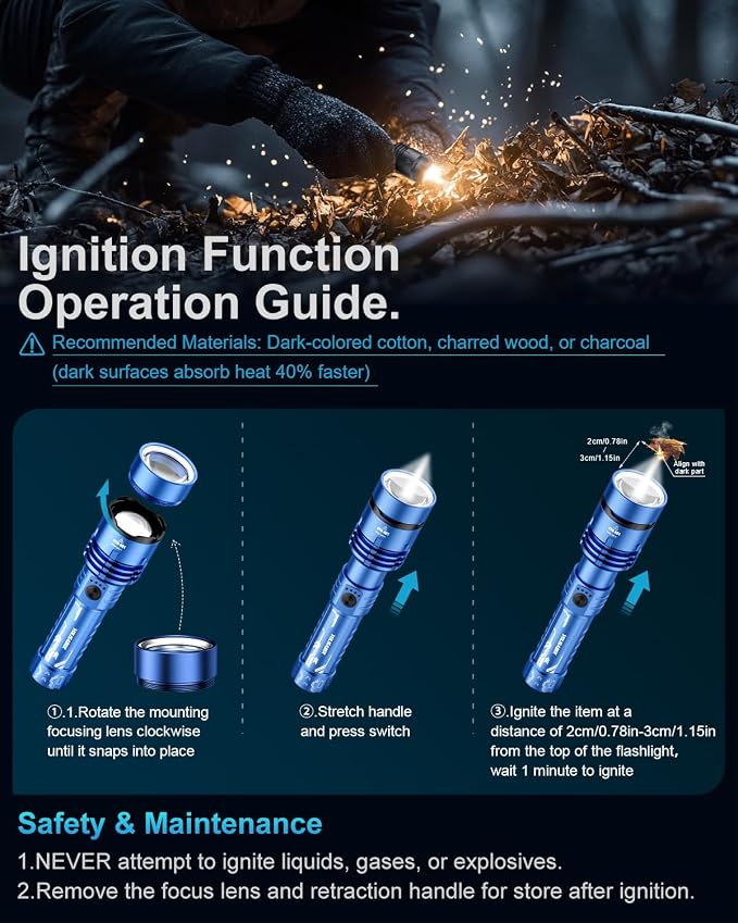 Flashlight 2000 High Lumens, Rechargeable Zoomable LED Tactical Flashlight with Ignition Lens, Emergency Flashlight for Camping Home Security, 5 Modes Waterproof Handheld Flashlights (Blue)