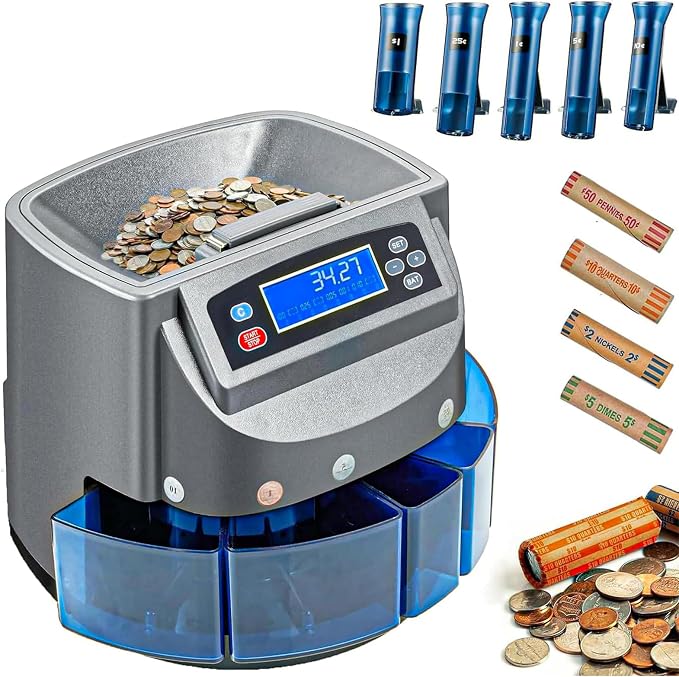 Coin Counter Machine, Coin Sorter Machine with LCD Display, 500 Coins Capacity Automatic Coin Sorter and Wrapper Machine, Sorts up to 270 Coins/min, Change Counter for USD Coin 1￠ 5￠ 10￠ 25￠ $1