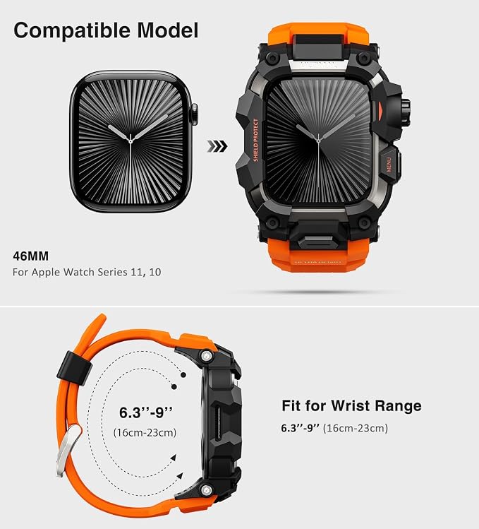 ULTIMAL Rugged Case with Band for Apple Watch 46mm,Compatible with Apple Watch Series 11/10, Military Grade Shockproof Bumper Cover for iWatch Tactical Band Men (Orange, 46mm)