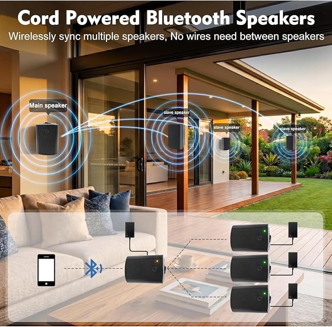 Herdio 6.5" 400W Outdoor Bluetooth Speakers, IPX5 Waterproof Rating and Be Able to Wireless Multi-Connection Up to 20 Units for Patio/Porch/Balcony (Black, 2-Pack)