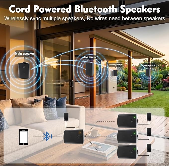 Herdio 5.25" 300W Outdoor Bluetooth Speakers, IPX5 Waterproof Rating and Be Able to Wireless Multi-Connection Up to 20 Units for Patio/Porch/Balcony (Black, 2-Pack)
