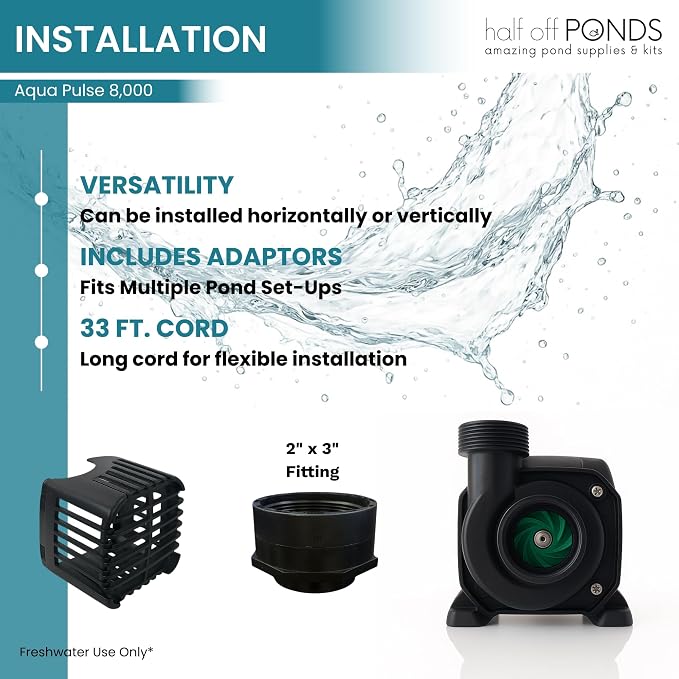 Aqua Pulse Submersible Pond Pump, 8,000 GPH, 33 ft Cord | 24 ft max head, 540W energy efficient, Ultra quiet, For koi ponds, Waterfalls, Fountains