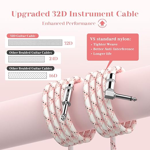 6FT Instrument Cable - Electric Guitar & Bass Cable with Right Angle 1/4 Inch Connector - Pink White