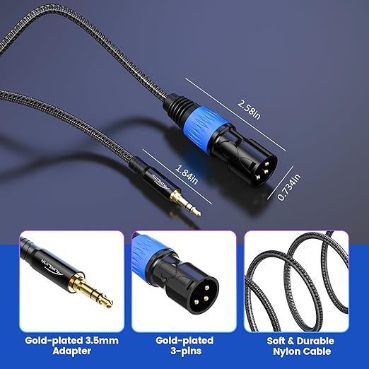 XLR to 3.5mm, XLR Male to 1/8 inch Cable 3ft 2 Pack, Unbalanced TRS to XLR Microphone Cable Gold-Plated Compatible with iPhone, Laptop, Voice Recorder