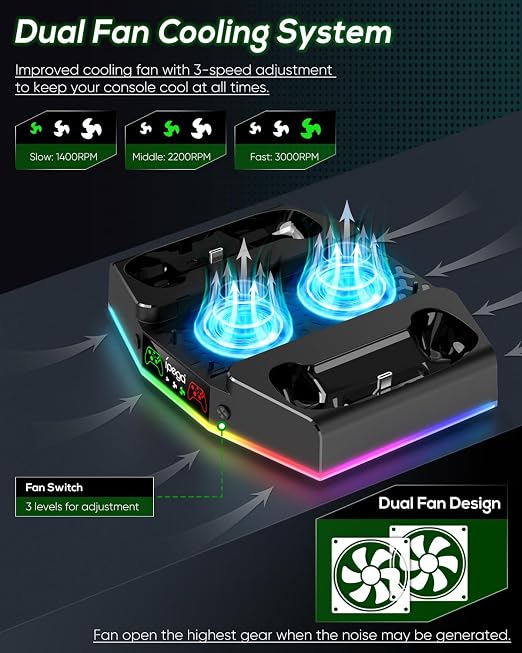 Cooling Stand & Charging Station for Xbox Series S with RGB Light Strip,Dual Controller Charger & Cooler Fan for XSS Console Accessories with 2*1400mAH Rechargeable Battery Pack,1*Headphone Hook,Black
