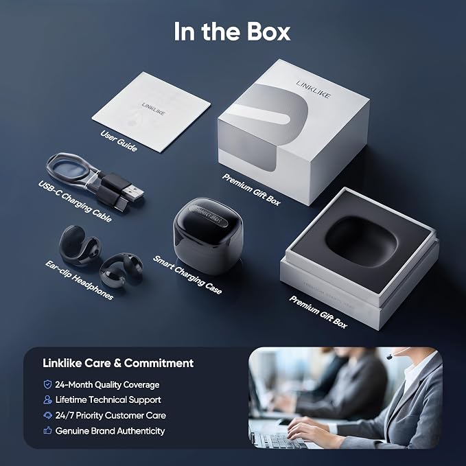 Linklike Most Comfortable Open Ear Clip-on Earbuds [Patented Zero Pressure & Top Hi-Fi] Hi-Res LDAC, 40H+ Battery, AI Clear Calls & No Sound Leakage, Ultralight 5g Fit for All Ears, Ideal Gifts-Black