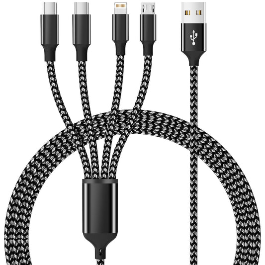 Multi Charging Cable,Dual Type-C Multiple Charger Cable Nylon Braided 4 in 1 Multi USB Cable Charging Cord with IP/Type C/Micro USB Ports for Cell Phones/iPhone/Tablets/Samsung Galaxy & More-1Pack 5Ft