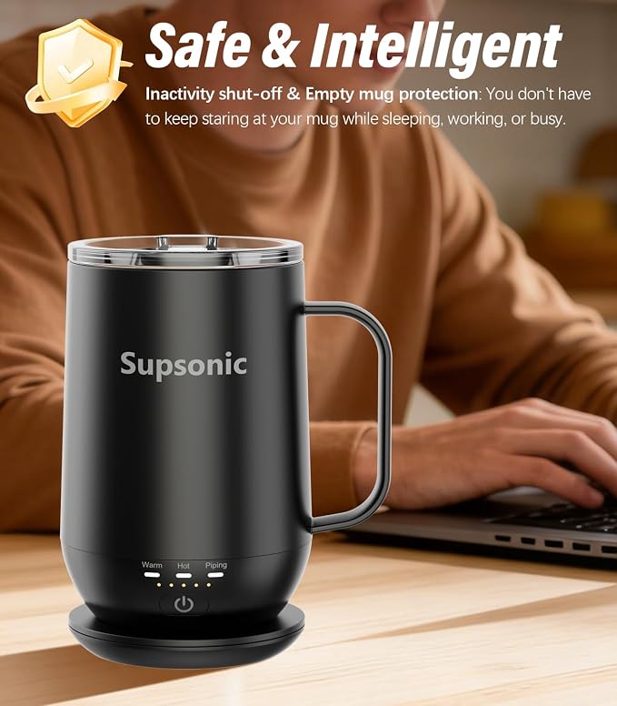 Supsonic - 16oz Self Heating Coffee Mug, Smart Heated Coffee Mug Faster Direct-Contact Heating Up to 149°F, Coffee Mug Warmer Set with Auto Shut-Off - Gifts for Men Women | S2
