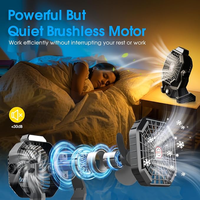JINLICTE Portable Camping Fan, Rechargeable Battery Powered Tent Fans for Camp Hanging, [13-60Hrs Runtime], 9 Inch, Stepless Speed, Powerful&Quiet, for Picnic, Barbecue, Fishing, Travel, Home, Tent