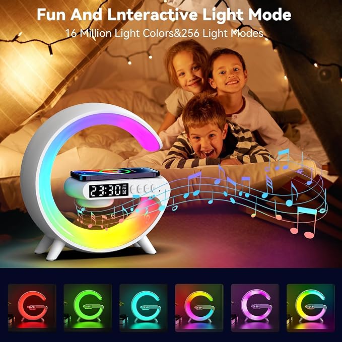 LeeNabao 2025 New Wireless Speaker Charger,Atmosphere Bedside Light with Wireless Charging Station,Music Lit Lamp 4 in 1 Alarm Clock Idea for Family (White)