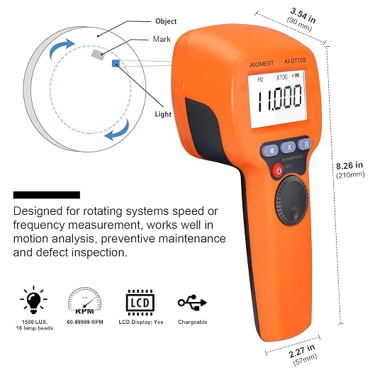 Digital LED Stroboscope Measuring 60~99,999 RPM/Hz, Non-Contact Tachometer Adjustable Strobe Light Timing Speedometer for HVAC Motor Engine Speed Tester, Handheld Estroboscopio 0.001% High Accuracy | Brighter 1500 Lux LED for Sharper Image, Freeze Moti...