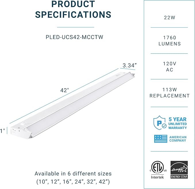 PARMIDA LED Swivel Under Cabinet Lighting, Hardwired or Plug-in Installation, 42 Inch, 22W, 5CCT Color Selectable - 2700K/3000K/4000K/5000K/6000K, Rotatable Lens, Dimmable, Linkable, 120V, 1760LM, ETL