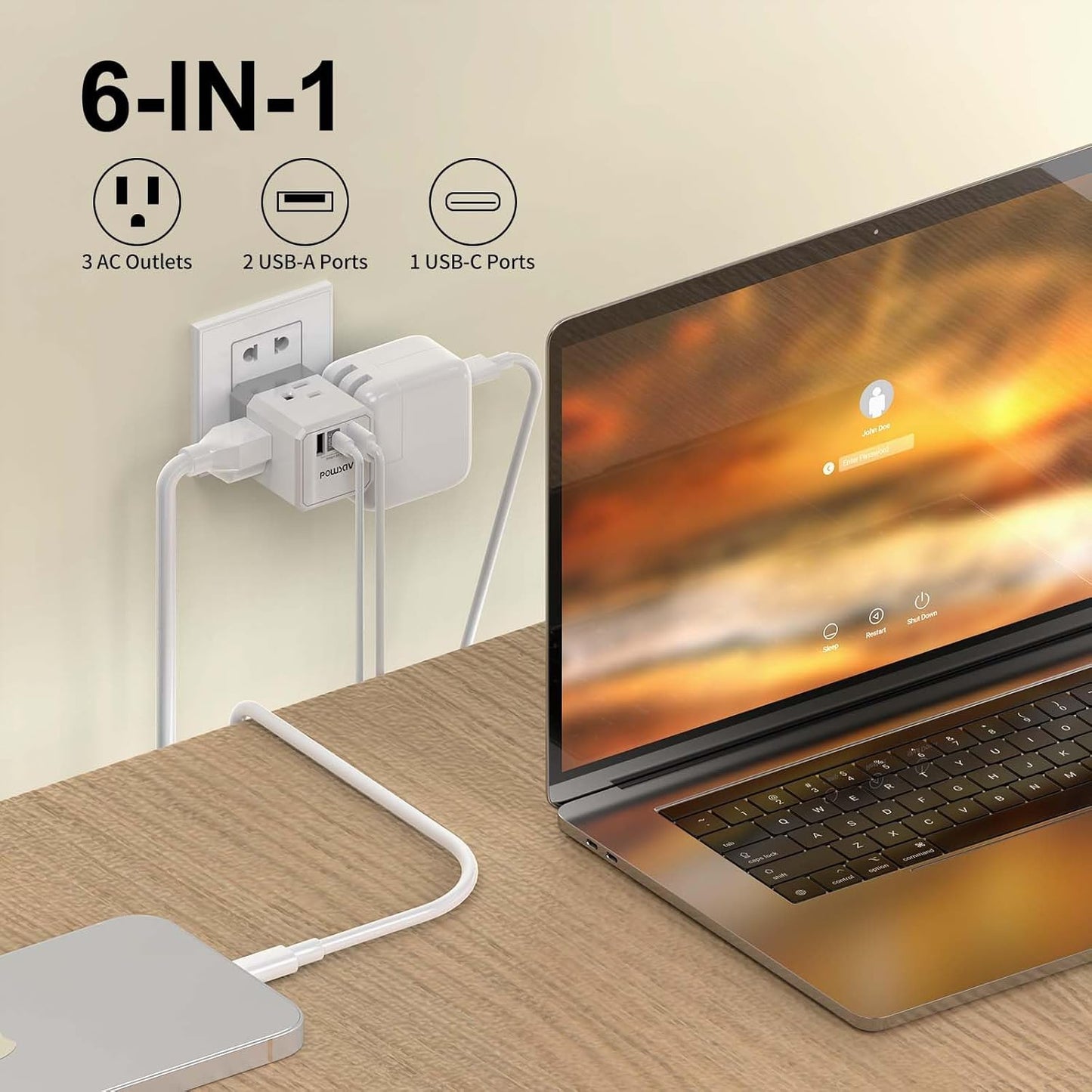 Cruise Ship Essentials, 3-Side Outlet Splitter with 3 USB Ports(1 USB C) USB Wall Charger, Outlet Extender for Home, Office and Cruise, ETL Listed, White